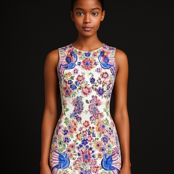 🆕🏷️ Roberto Cavalli Sleeveless Punto Stoffa Sheath Dress, White/Multi - Picture 5 of 16